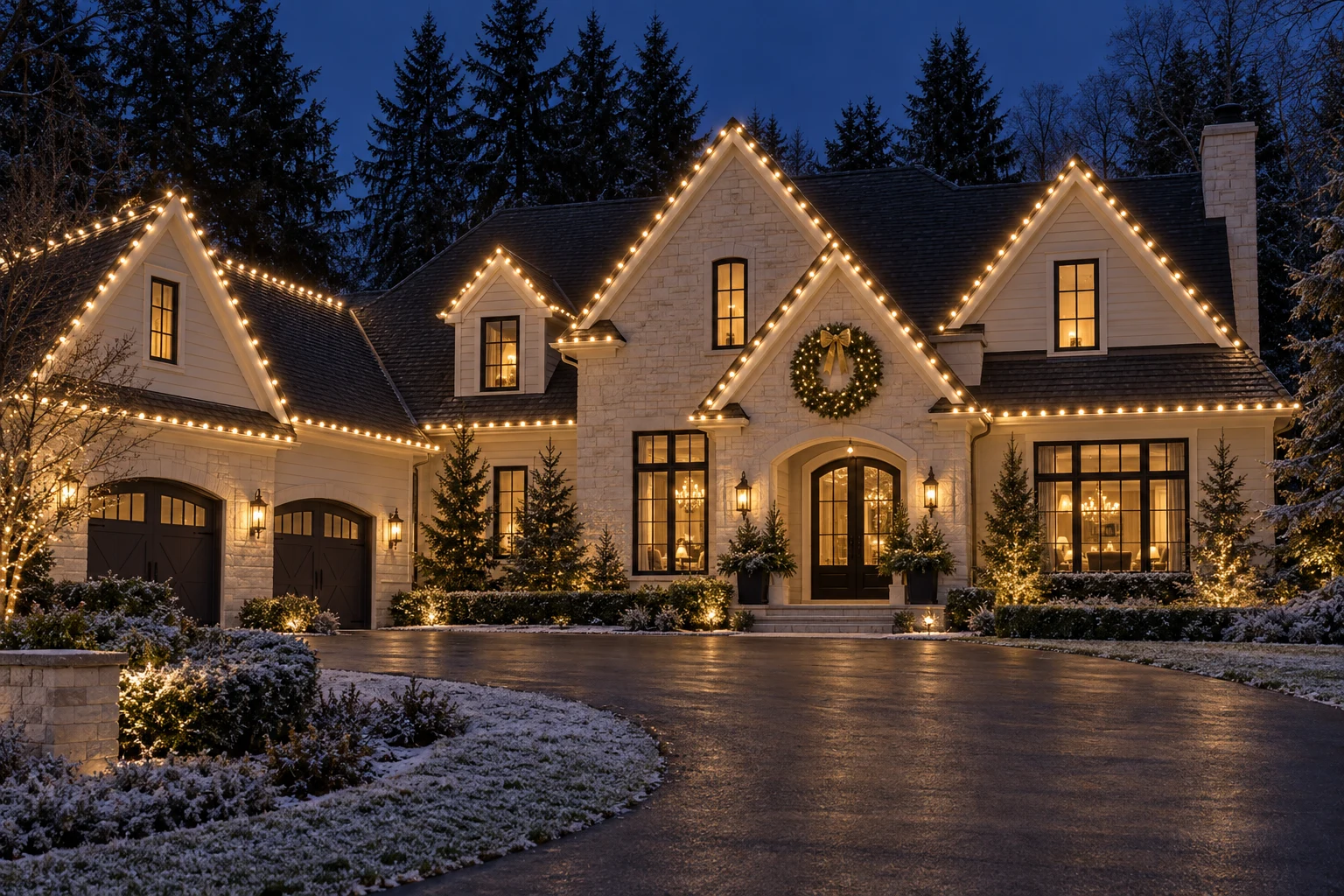 Holiday lighting design inspiration: warm white lights tracing the rooflines of an elegant home at dusk